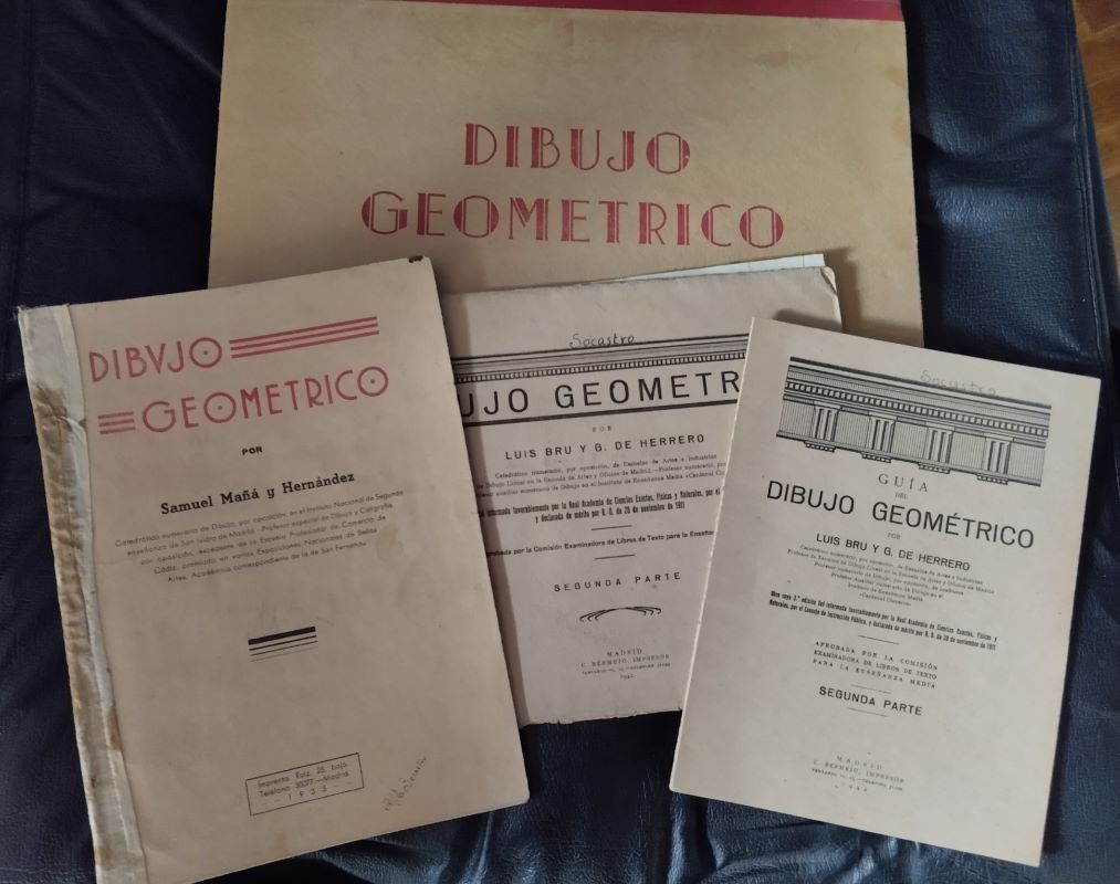 Guía del dibujo geométrico / Dibujo geométrico / Dibujo geométrico segunda parte / Dibujo geométrico. Láminas y texto, de Luis Bru y G de Herrero / Samuel Mañá y Hernández / Luis Bru y G de Herrero / Samuel Mañá y Hernández